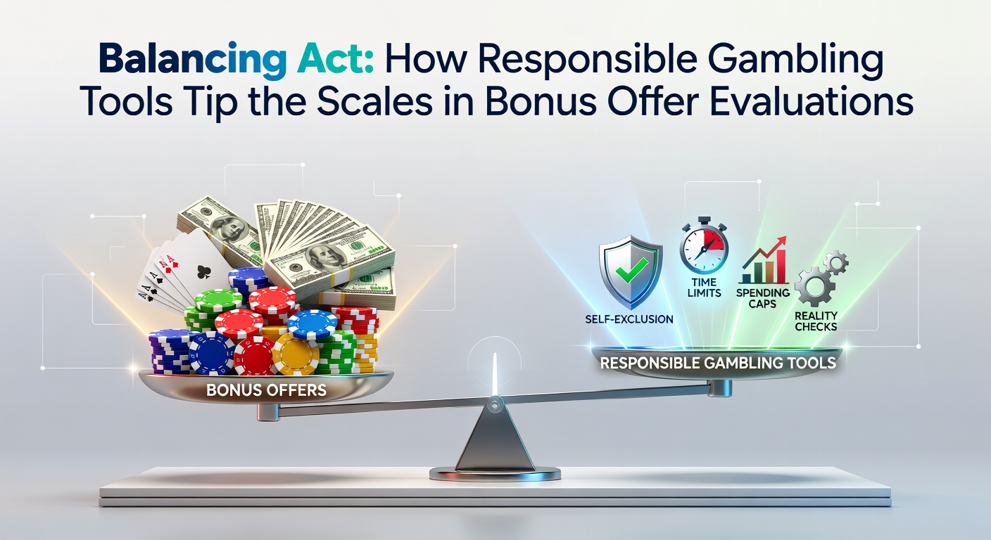 Digital scales balancing casino chips and safety icons representing responsible gambling tools in bonus evaluations