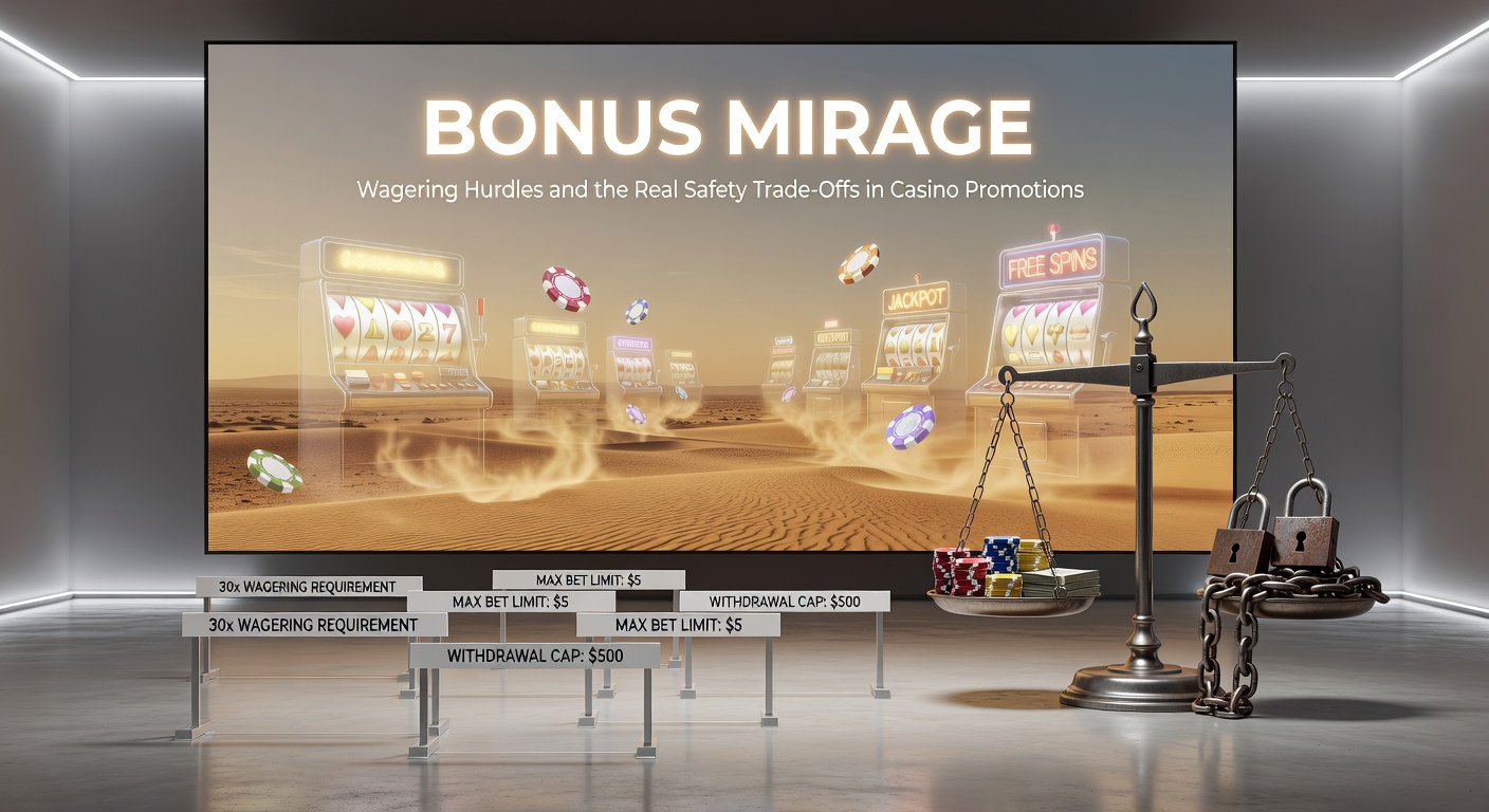 Casino bonus promotion graphic showing a shimmering mirage with wagering requirements overlaid, illustrating the elusive nature of free spins and deposit matches