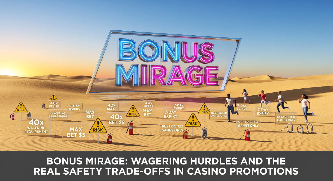 Infographic breaking down wagering requirement math with examples of bonus conversion rates, loss probabilities, and regulatory compliance icons