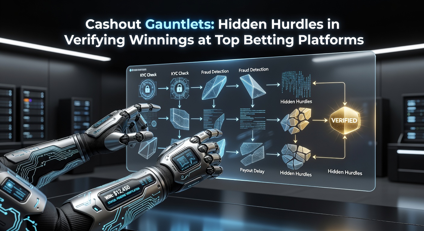 Digital interface showing a locked cashout button on a betting app, with verification documents scattered around