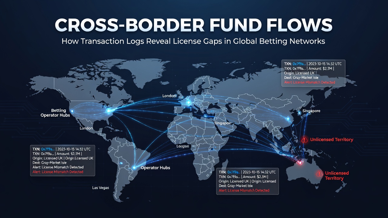 Diagram showing cross-border fund flows between licensed and unlicensed betting operators with highlighted transaction log pathways