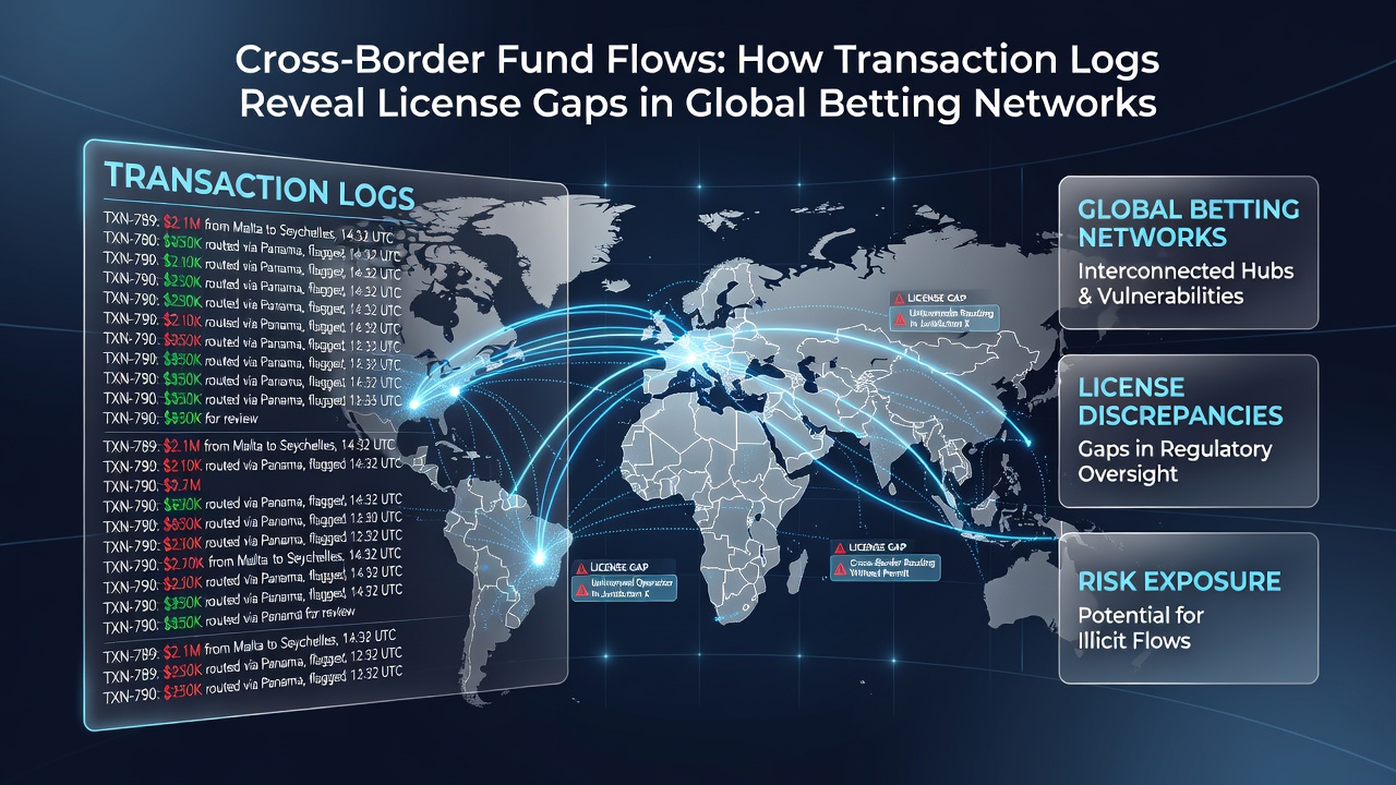 Analysts reviewing transaction log data on multiple screens showing global betting payment routes and license verification flags