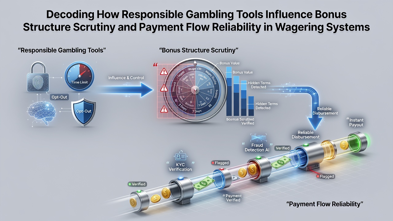 Diagram showing responsible gambling tools integrated with bonus review processes and payment verification flows in online wagering systems