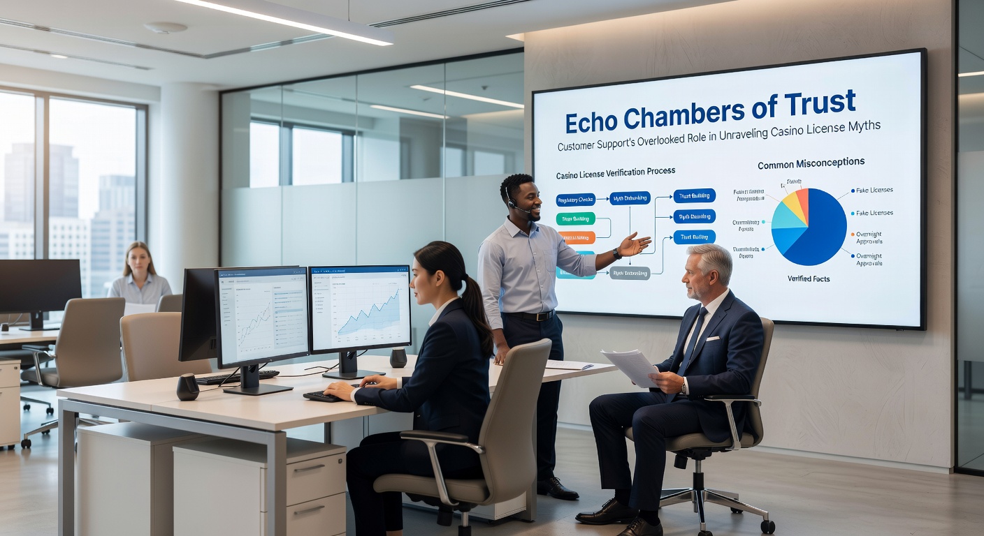 Customer support agent at a desk with screens showing license documents and chat windows, representing direct myth clarification