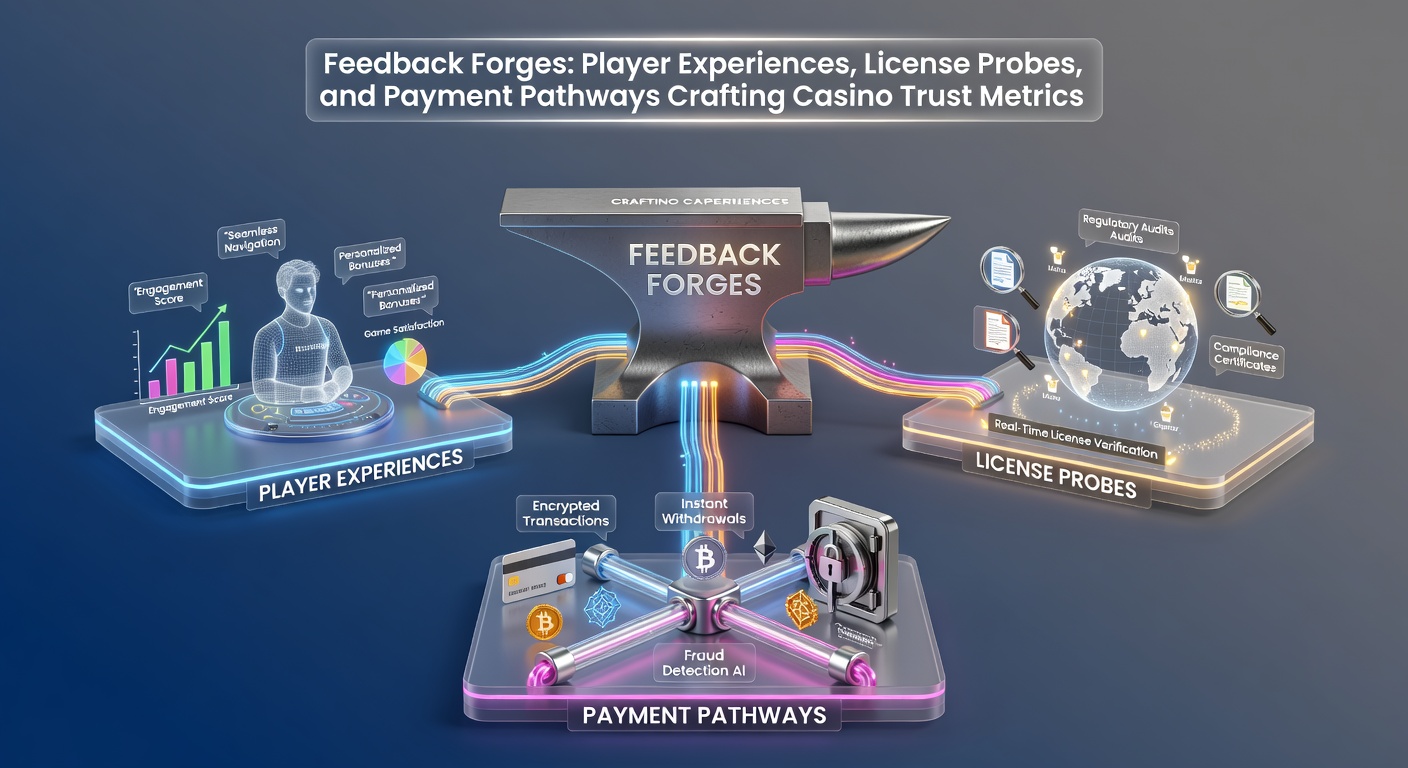 Digital dashboard displaying casino trust metrics with graphs on player feedback, license status, and payment verification icons