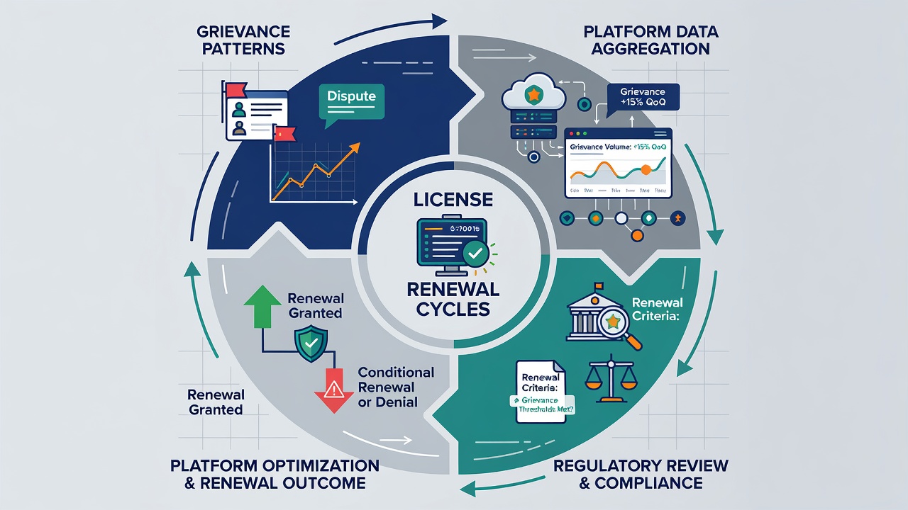 Regulatory analysts reviewing aggregated complaint datasets during a digital wagering license renewal assessment