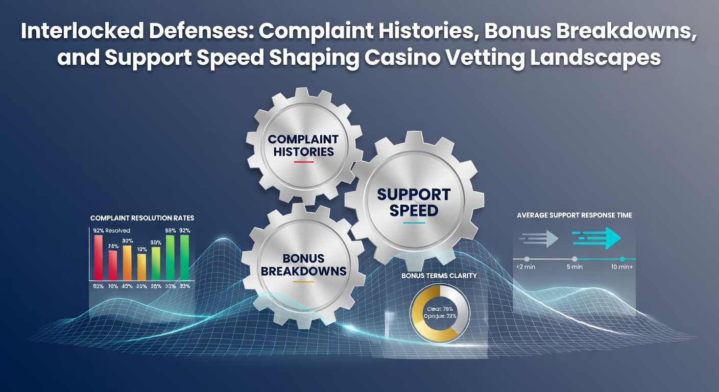 Digital dashboard displaying interconnected metrics for casino evaluations, highlighting complaint icons, bonus charts, and speed gauges