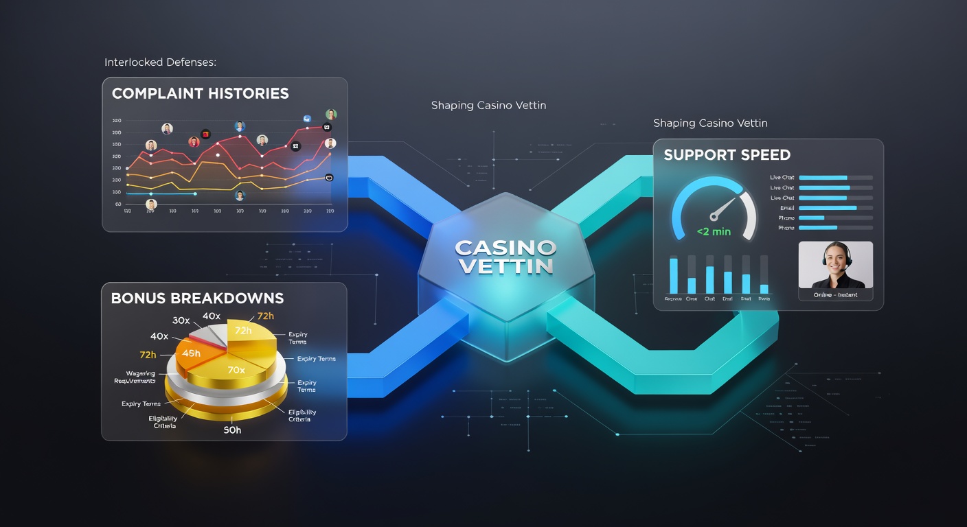 Close-up of bonus terms document under magnifying glass, with charts showing wagering requirements and complaint linkages