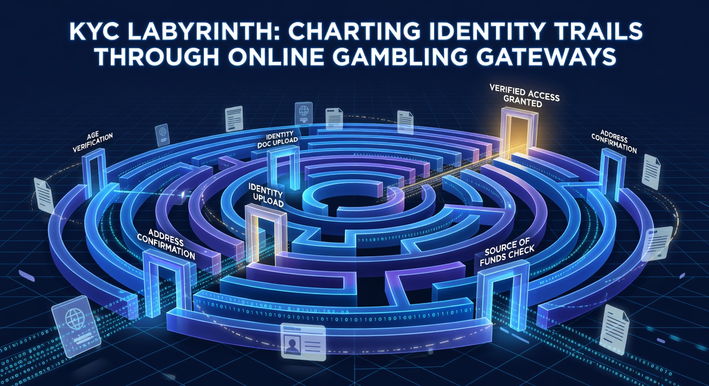 Digital flowchart illustrating complex KYC verification paths in online gambling platforms, with branching identity checks and document trails