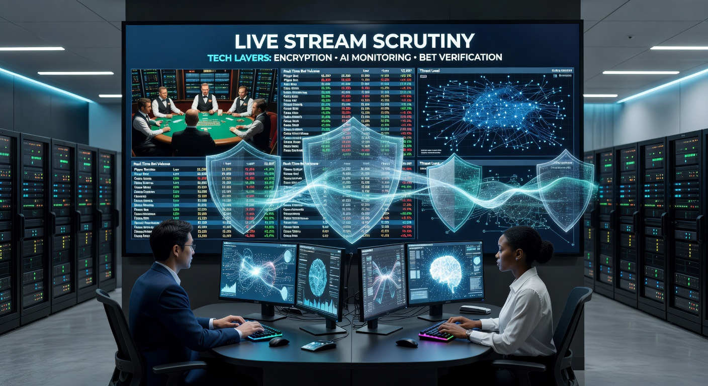 Close-up of a live dealer at a roulette table with digital overlays showing bet placements, RNG verification icons, and security timestamps