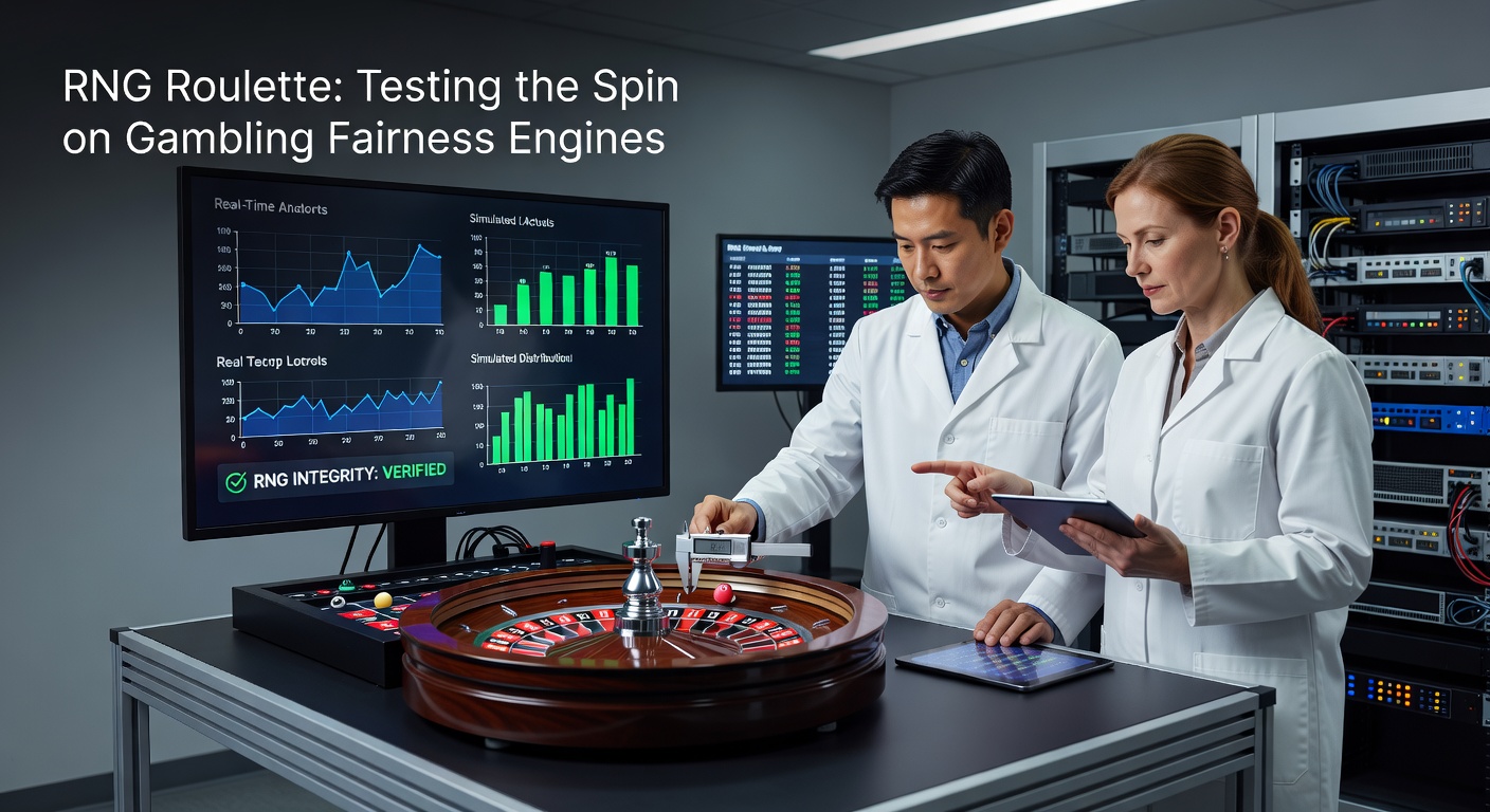 Digital roulette wheel spinning with RNG algorithms visualized in the background, highlighting fairness testing processes