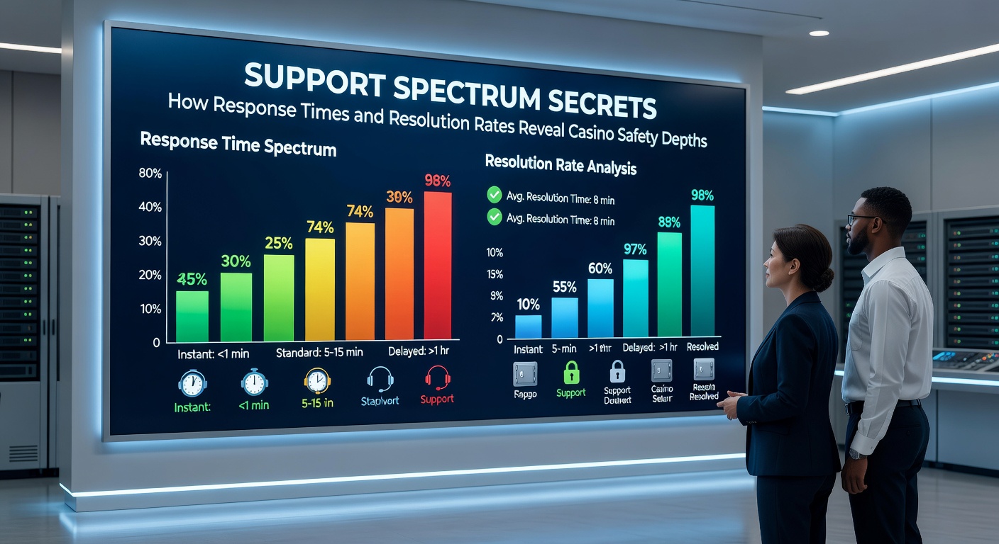 Digital dashboard displaying customer support response times and resolution charts for online casinos, highlighting metrics like average wait times and success rates