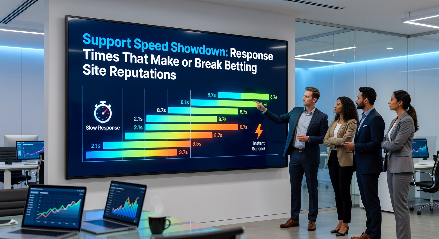 Infographic of betting sites ranked by support speed, with icons for chat, email, and phone performance