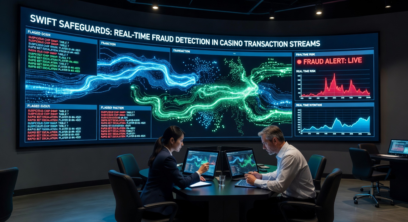 Close-up of AI algorithms analyzing casino transaction data flows, with glowing nodes representing flagged fraudulent activities amid a network of secure connections