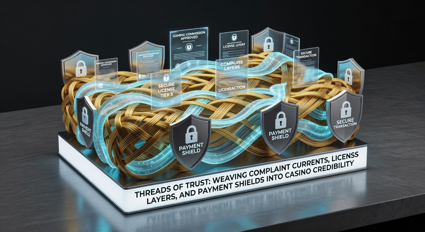 Interwoven threads symbolizing complaints, licenses, and payment security forming a shield of trust around online casino platforms