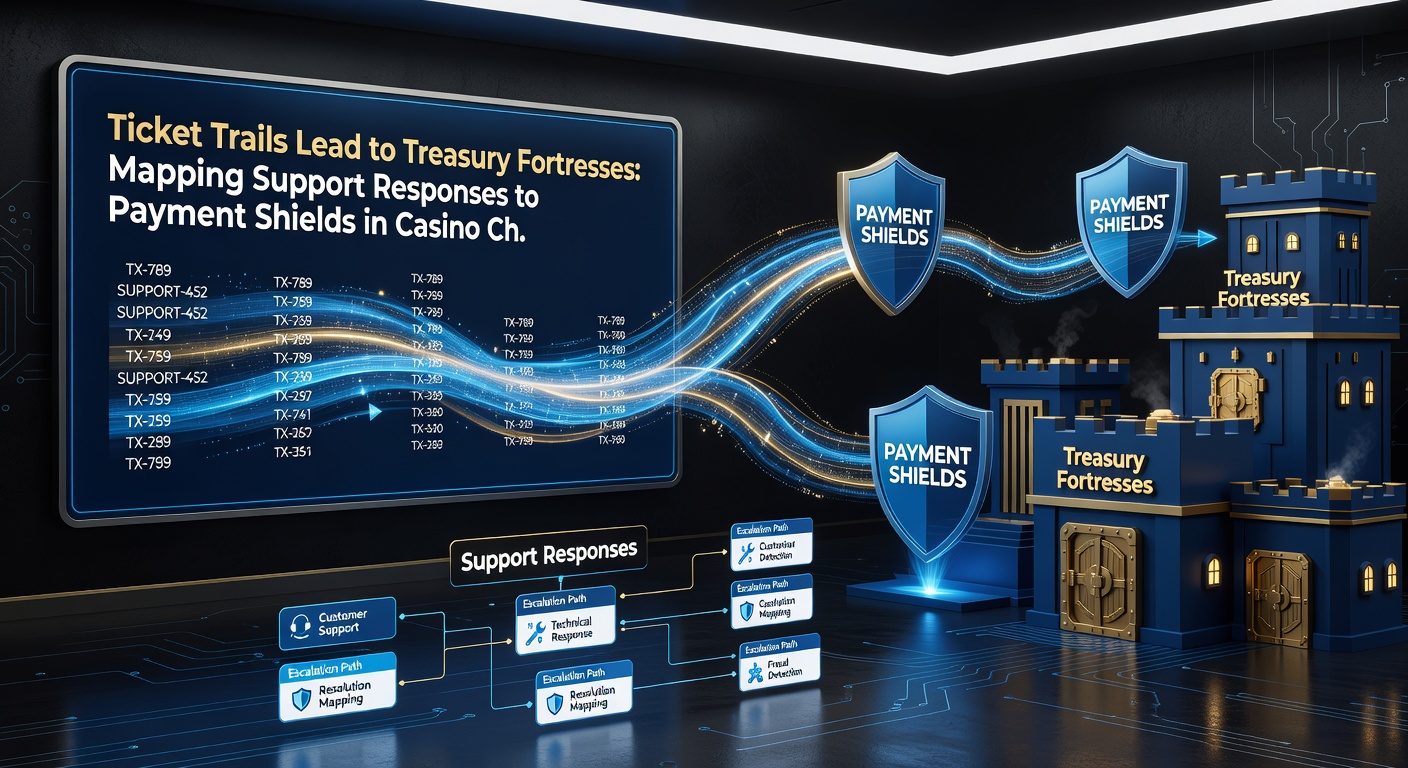 Close-up of a secure casino payment vault with ticket streams funneling into reinforced barriers, highlighting support response pathways