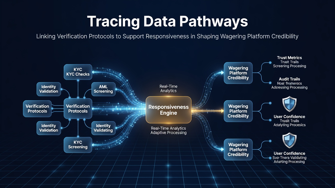 Data pathways visualization showing verification protocols connected to customer support systems in wagering platforms