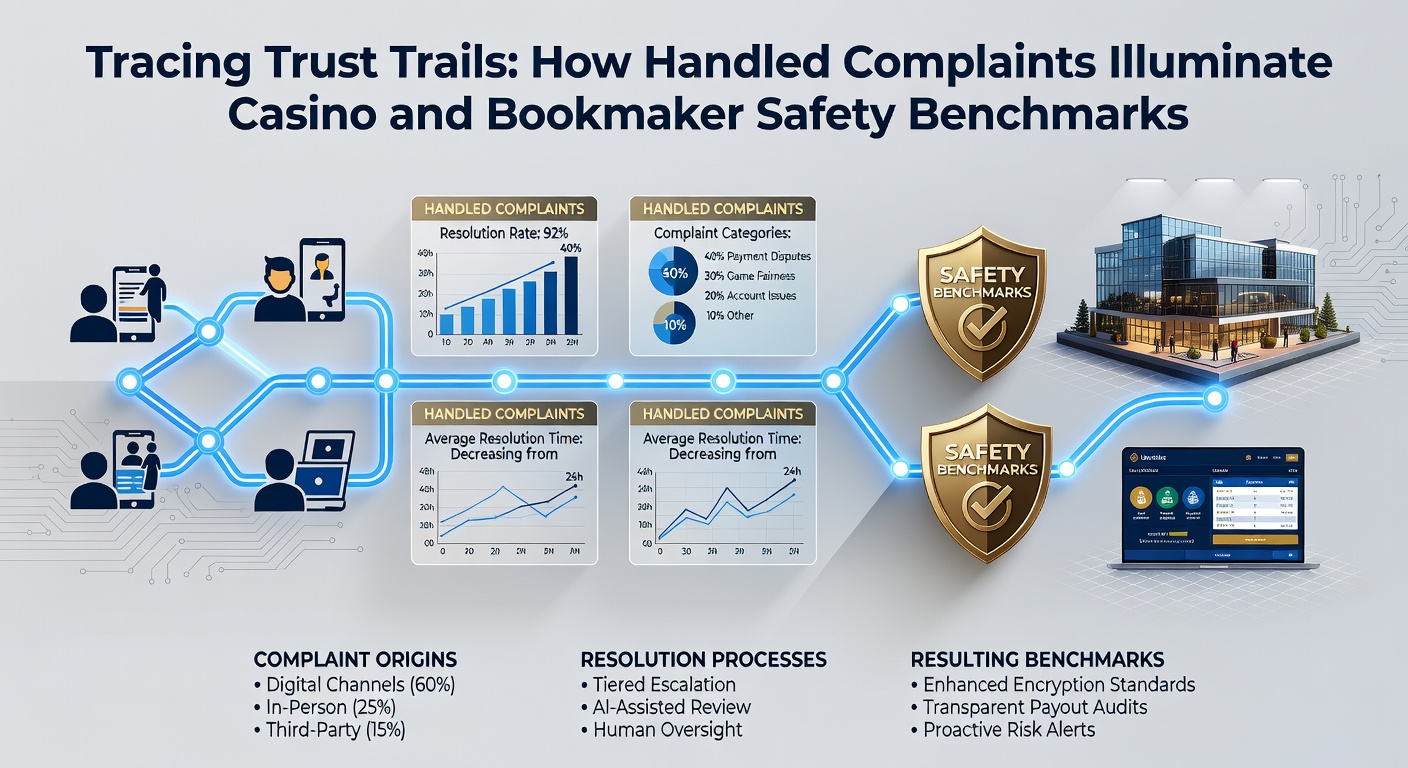 Infographic illustrating complaint types by category—payouts, fairness, support—in leading bookmakers, with resolution success percentages overlaid
